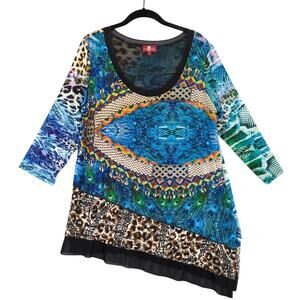 From The Heart Fairy Grunge Sheer Dress Sz L Peacock Animal Print Asymmetrical